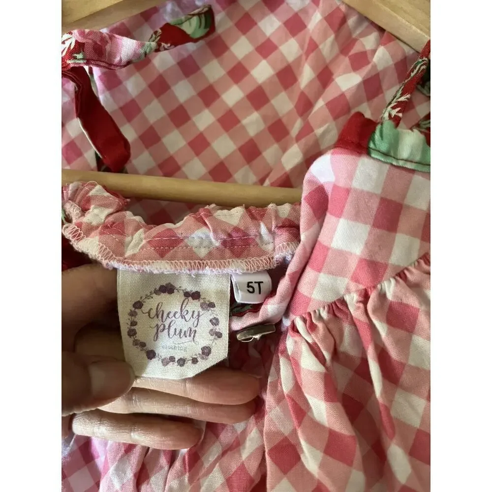 Cheeky Plum Boutique Size 5T Pink Gingham Floral Ruffle Dress Adjustable Straps
